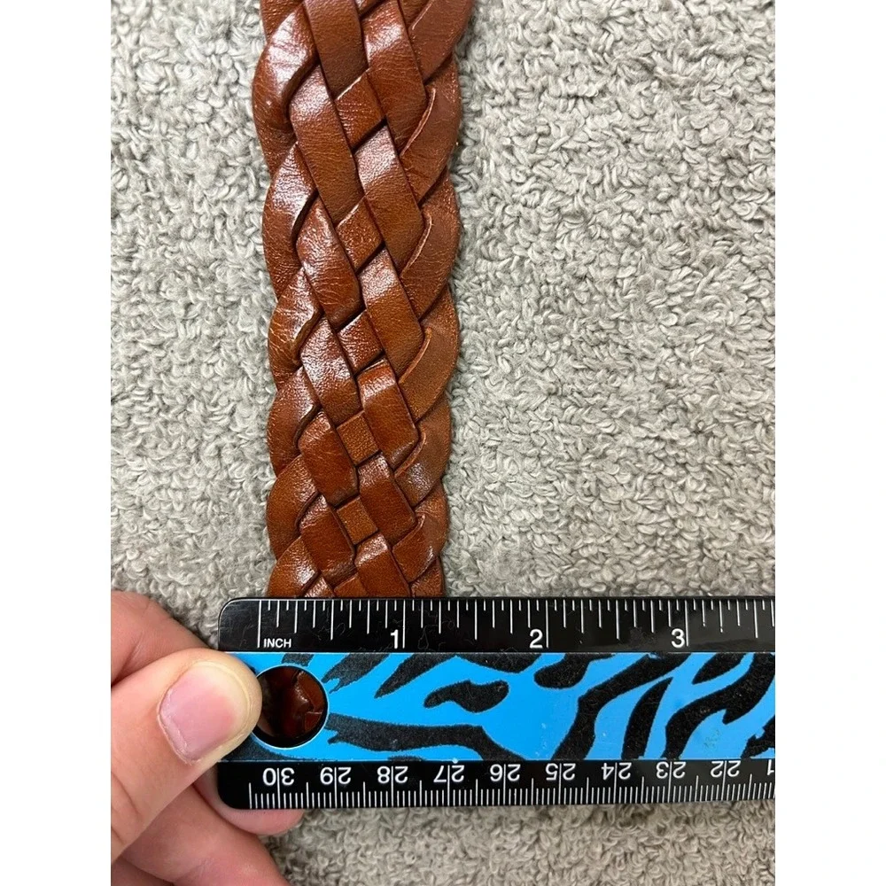 Cognac Brown Woven Braided Leather Belt Brass Buckle Size 44 954048
